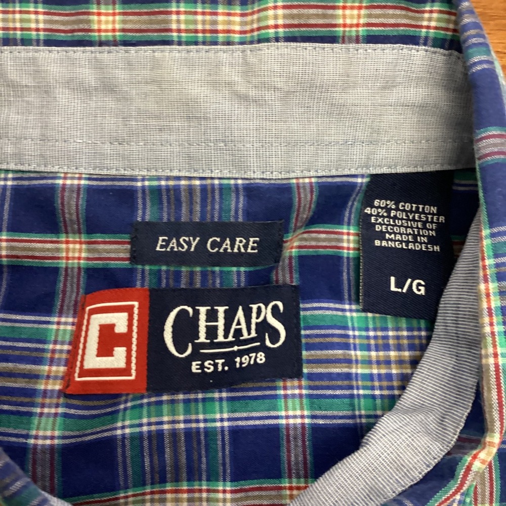 Chaps Mens Large Blue Green Plaid Easy Care Short Sleeve Button Down Shirt L - Picture 5 of 6